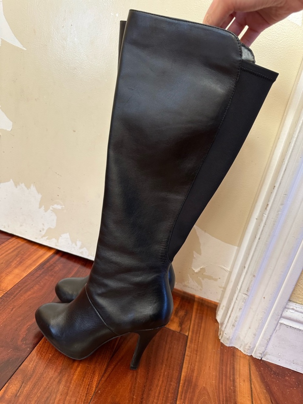 me too Black Over-the-Knee Leather Stiletto Boots